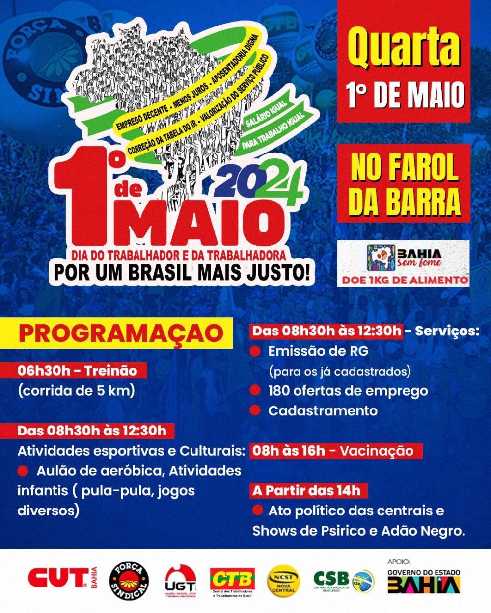 1º de Maio no Farol da Barra: ato e show de Adão Negro e Psirico