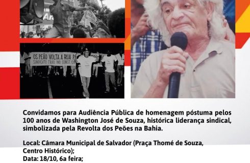 Hoje, 18/10, às 9h, Audiência Pública em homenagem a Washington de Souza, na Câmara de Salvador.