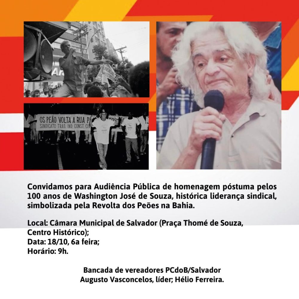 Hoje, 18/10, às 9h, Audiência Pública em homenagem a Washington de Souza, na Câmara de Salvador.