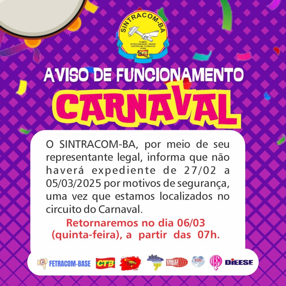 Carnaval: Aviso de Funcionamento