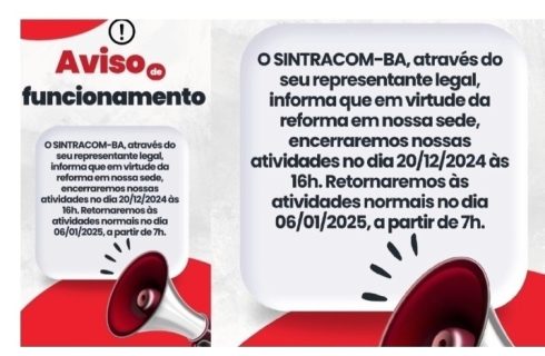 Aviso de Funcionamento – Período final de ano