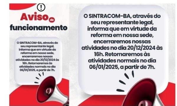 Aviso de Funcionamento – Período final de ano