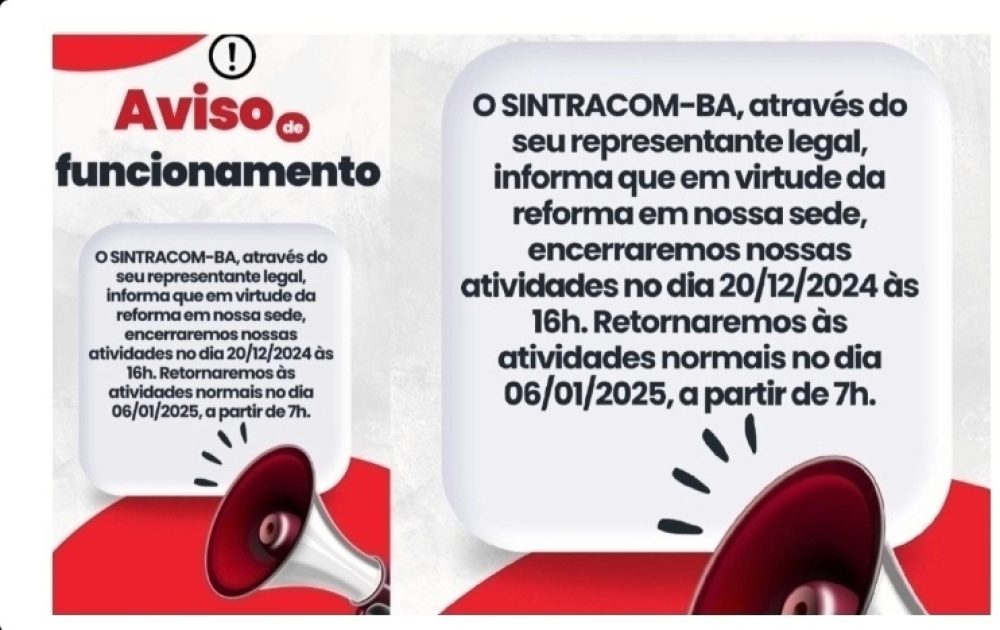 Aviso de Funcionamento – Período final de ano