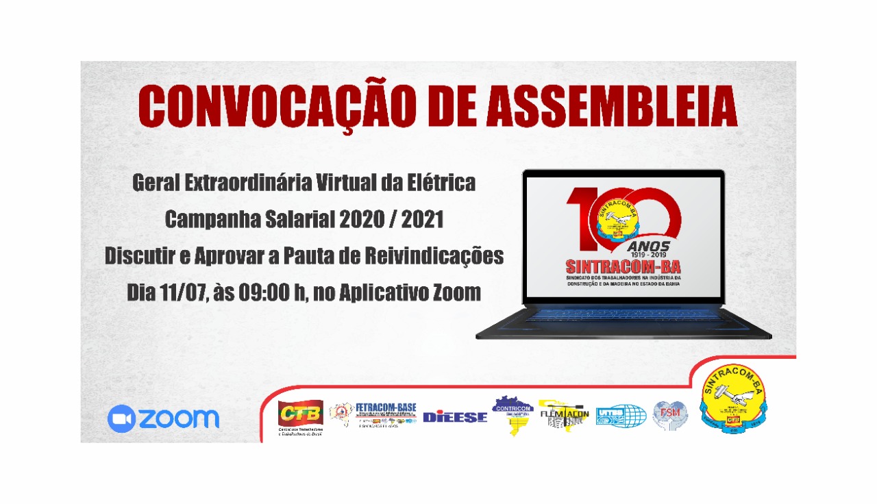 Elétricas: Sábado, dia 11/07, 9h, tem Assembleia e Seminário Virtual da Campanha Salarial. Participe!