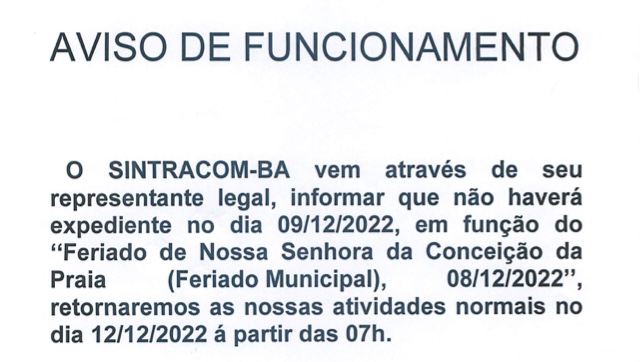 Aviso: Expediente no período do feriado de 8 de dezembro