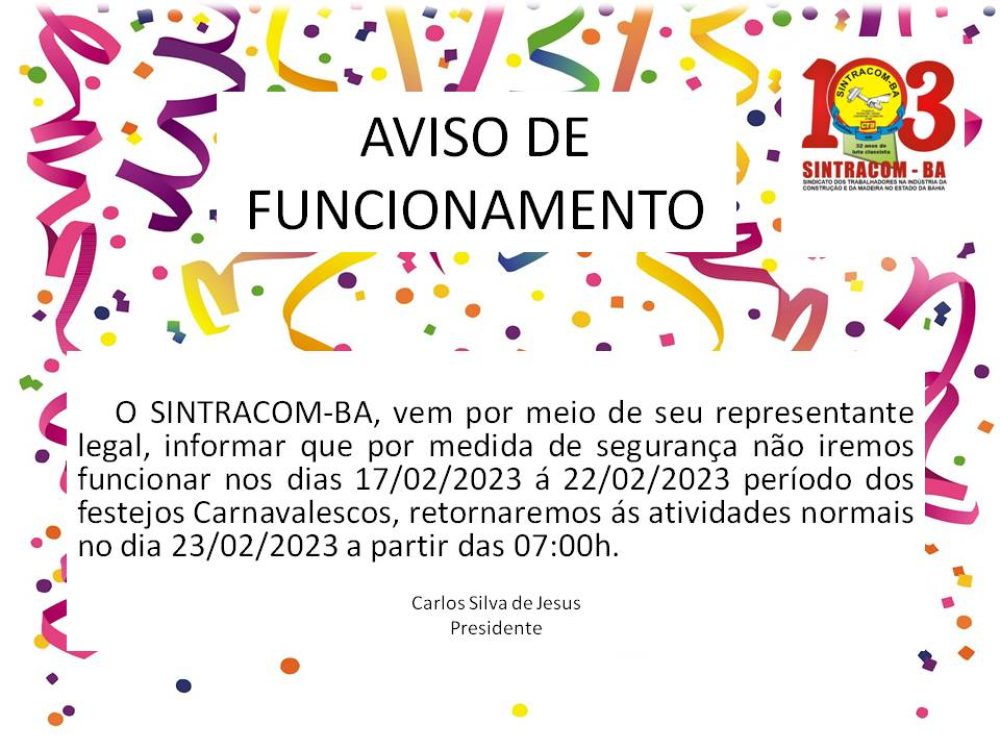 Aviso de Funcionamento: Festejos Carnavalescos