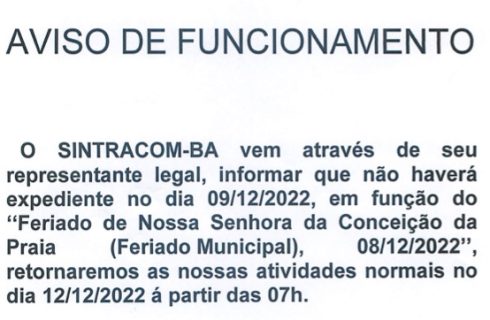 Aviso: Expediente no período do feriado de 8 de dezembro