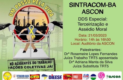 Nesta terça tem DDS SiNTRACOM-BA / ASCON: Terceirização e Assédio Moral