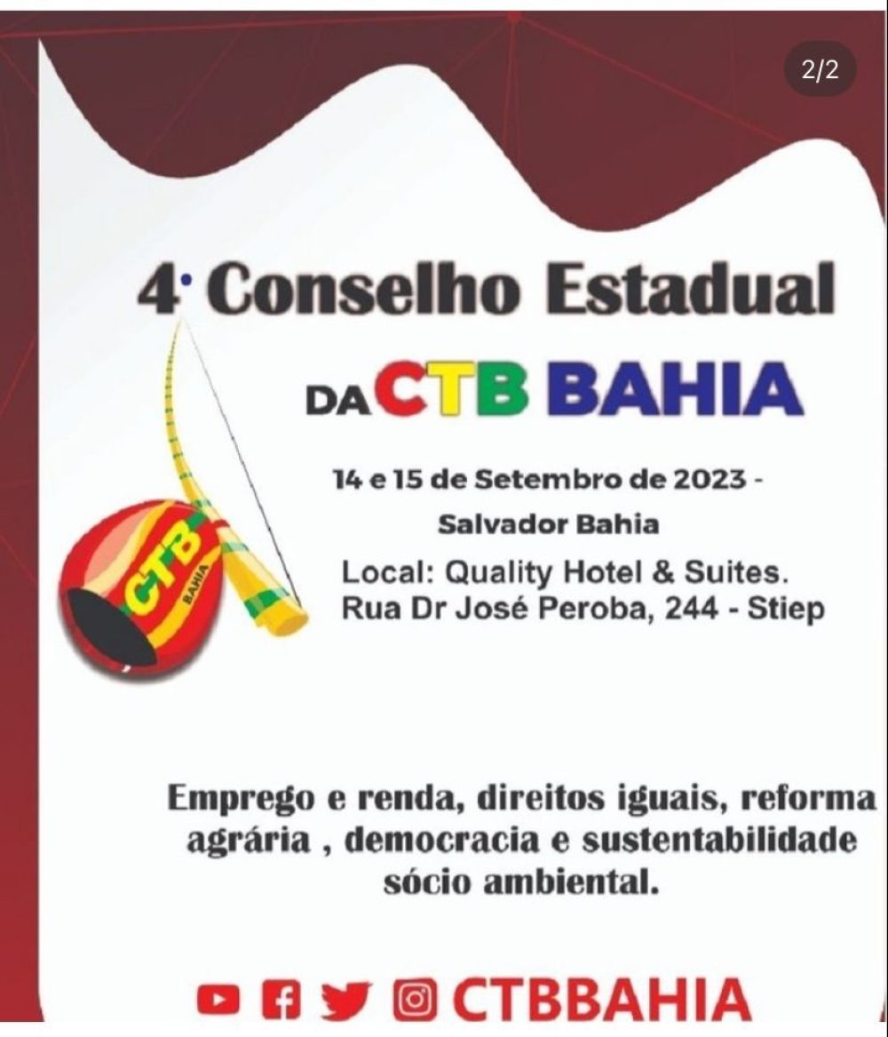 CTB Bahia realiza o 4º Conselho Estadual nos dias 14 e 15