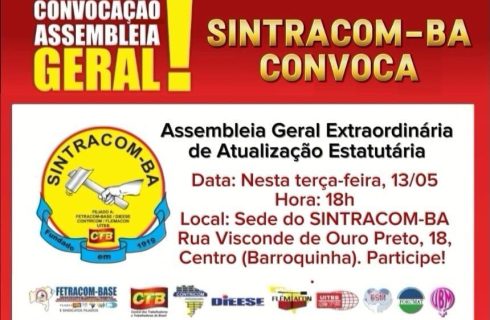 SINTRACOM-BA convoca Assembleia Geral Extraordinária