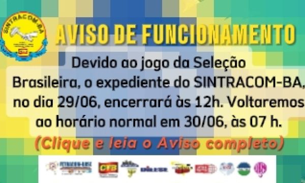 AVISO DE FUNCIONAMENTO NO DIA 29/06/2026