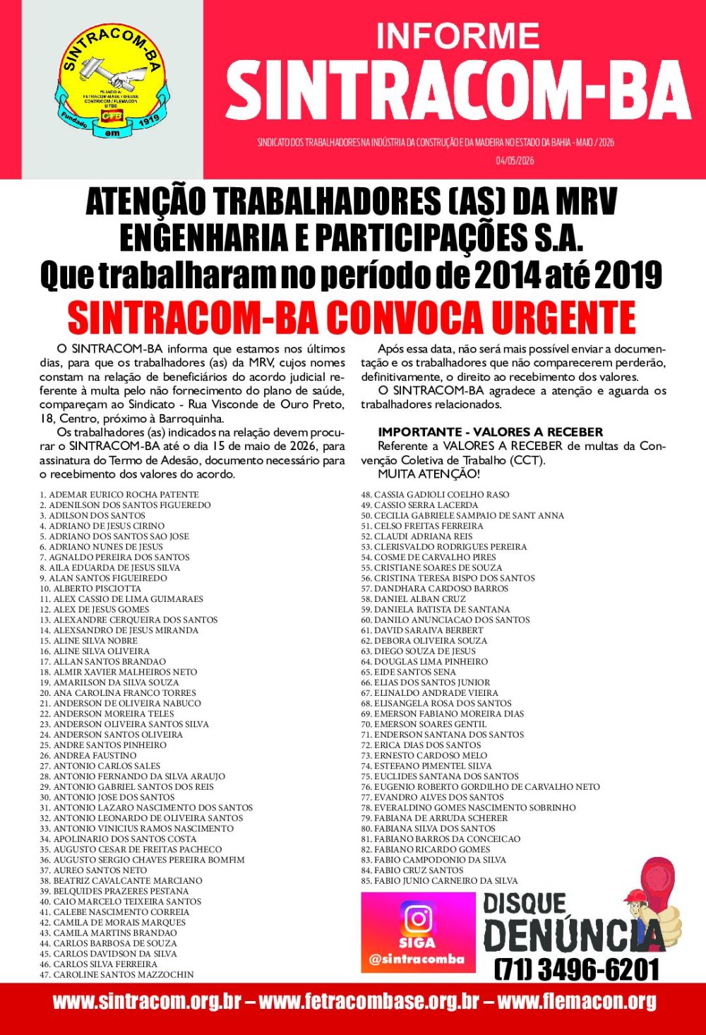 INFORME URGENTE – Trabalhadores (as) da MRV no período 2014 a 2019