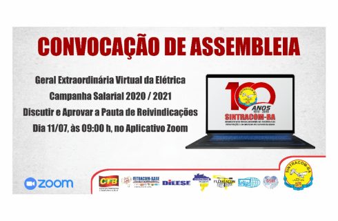Elétricas: Sábado, dia 11/07, 9h, tem Assembleia e Seminário Virtual da Campanha Salarial. Participe!