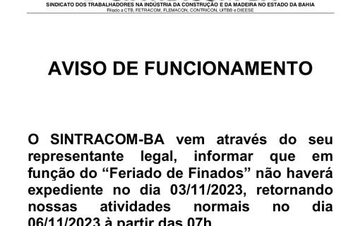 Aviso de Funcionamento – Feriado de Finados