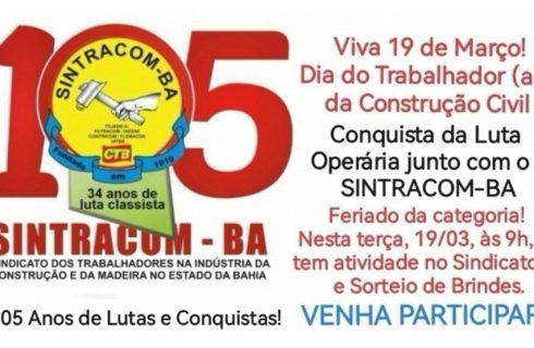 19/03, nesta terça-feira, às 9h, tem atividade na sede do SINTRACOM-BA. Participe!