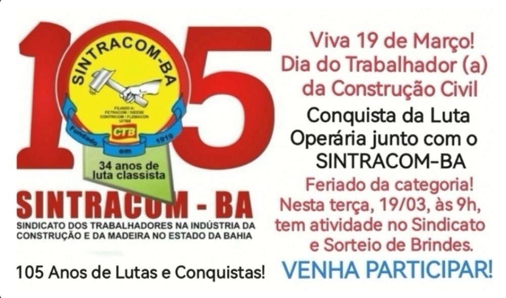 19/03, nesta terça-feira, às 9h, tem atividade na sede do SINTRACOM-BA. Participe!
