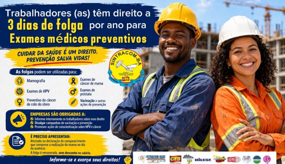 TRABALHADORES (AS) TÊM DIREITO A 3 DIAS DE FOLGA PARA FAZER EXAMES MÉDICOS PREVENTIVOS