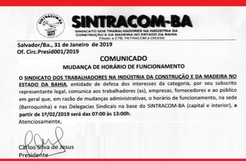 A partir de 1º/02 o SINTRACOM-BA vai funcionar das 7h às 13h