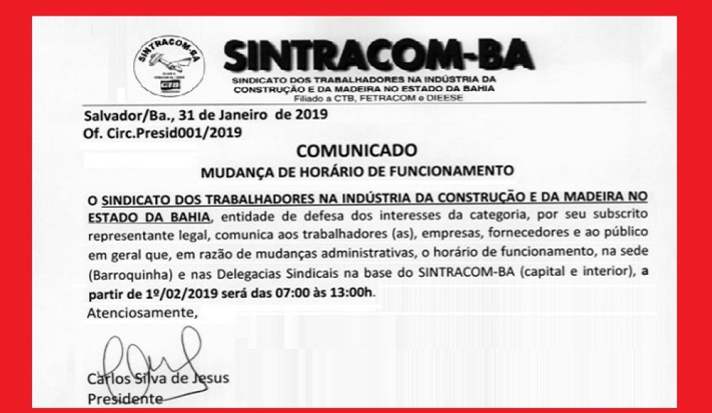 A partir de 1º/02 o SINTRACOM-BA vai funcionar das 7h às 13h
