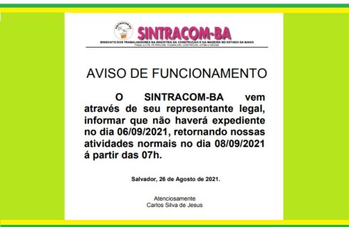AVISO sobre o feriado de 7 de setembro: não haverá expediente no dia 06/09.