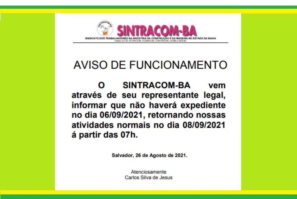 AVISO sobre o feriado de 7 de setembro: não haverá expediente no dia 06/09.