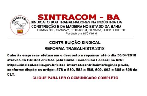ATENÇÃO: COMUNICADO ÀS EMPRESAS: CONTRIBUIÇÃO SINDICAL 2018