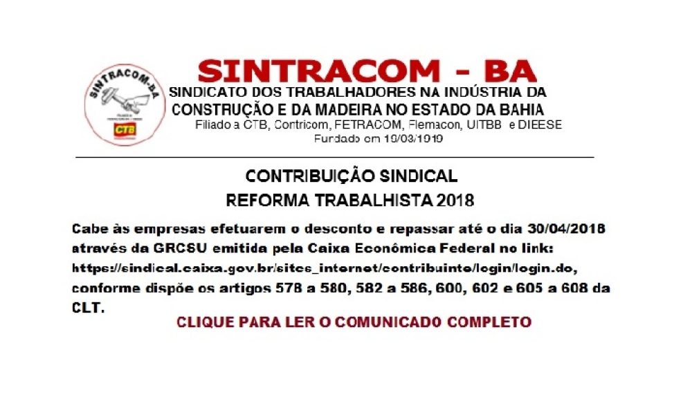 ATENÇÃO: COMUNICADO ÀS EMPRESAS: CONTRIBUIÇÃO SINDICAL 2018